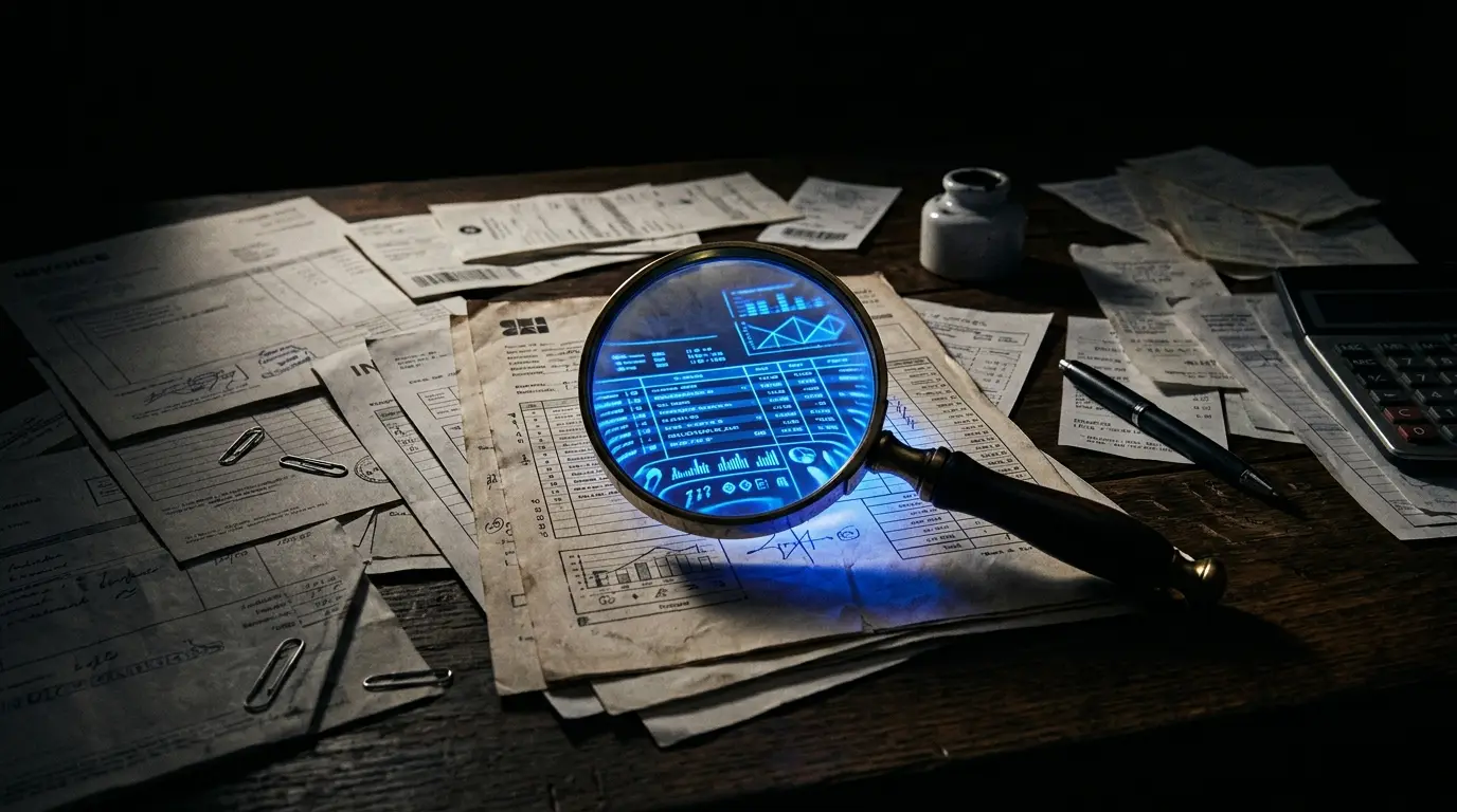 Documente contabile pe birou întunecat, cu o lupă luminoasă cobalt