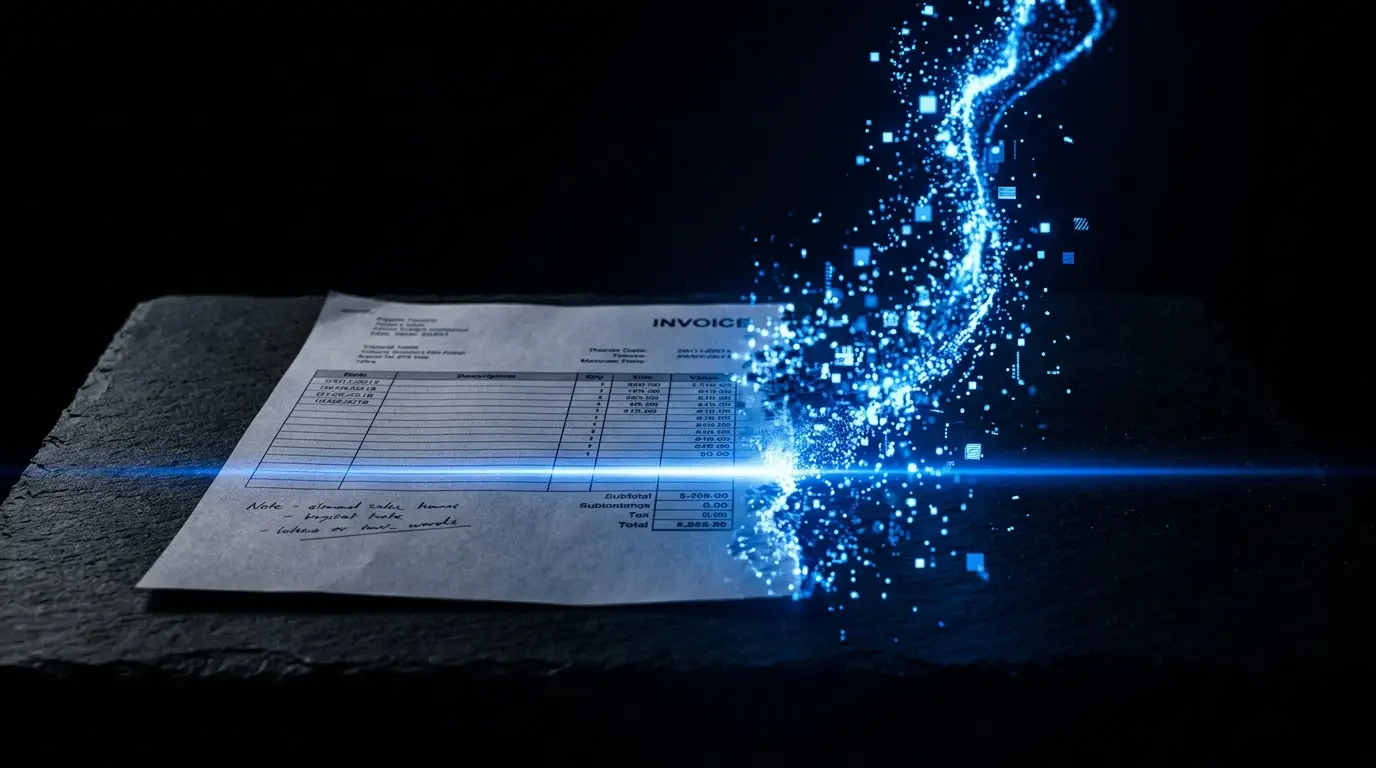 Factură de hârtie transformându-se în particule de date cobalt