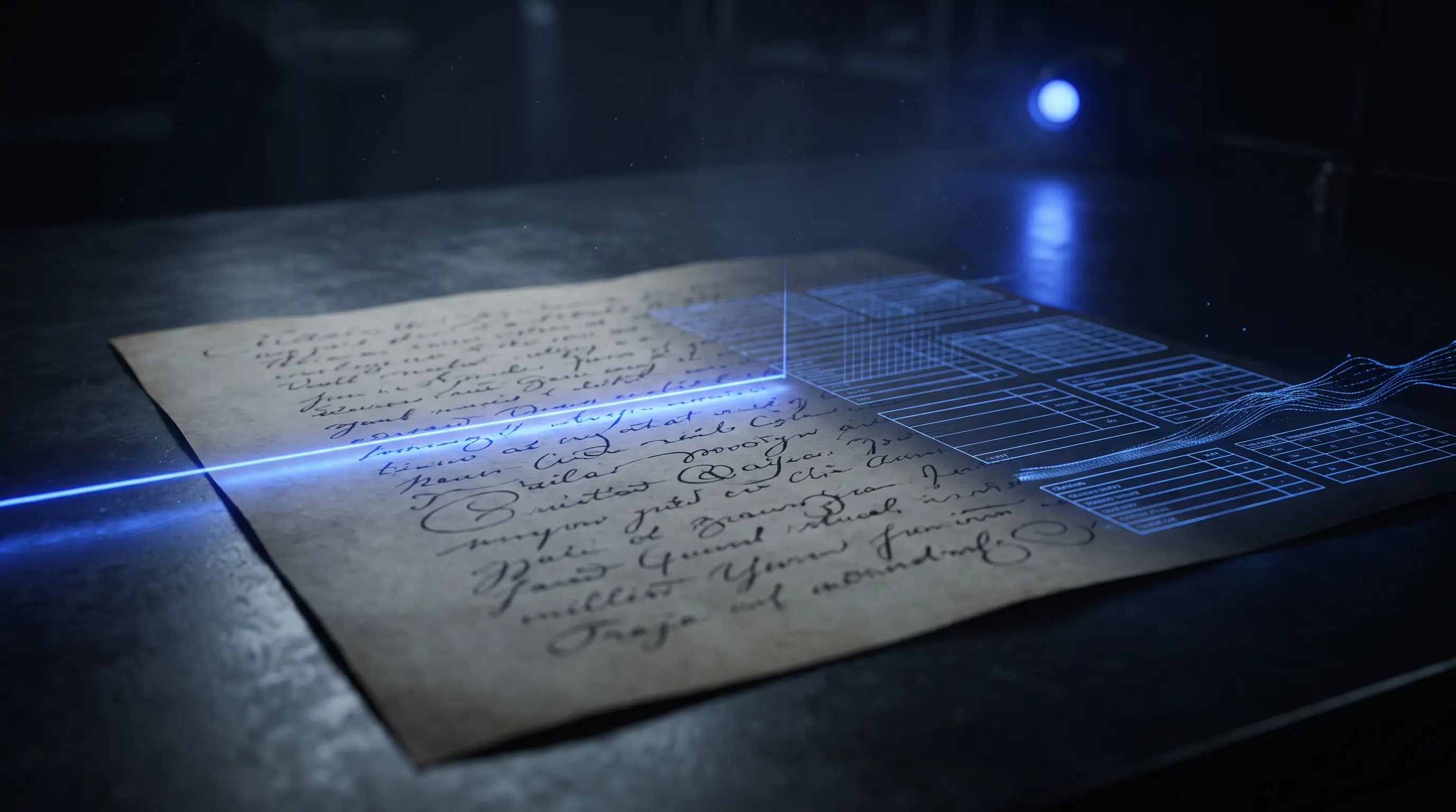 Un manuscris vechi cu scris de mână, scanat de o rază de lumină cobalt, cu câmpuri de date care se materializează alături